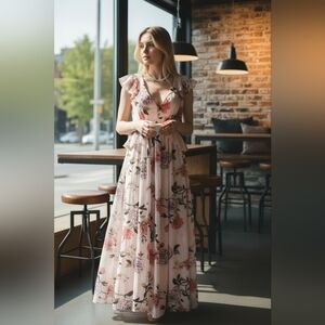 Lulu's Floral Dress (Medium) Cream And Orange Floral, With Multi Shoulder Style.